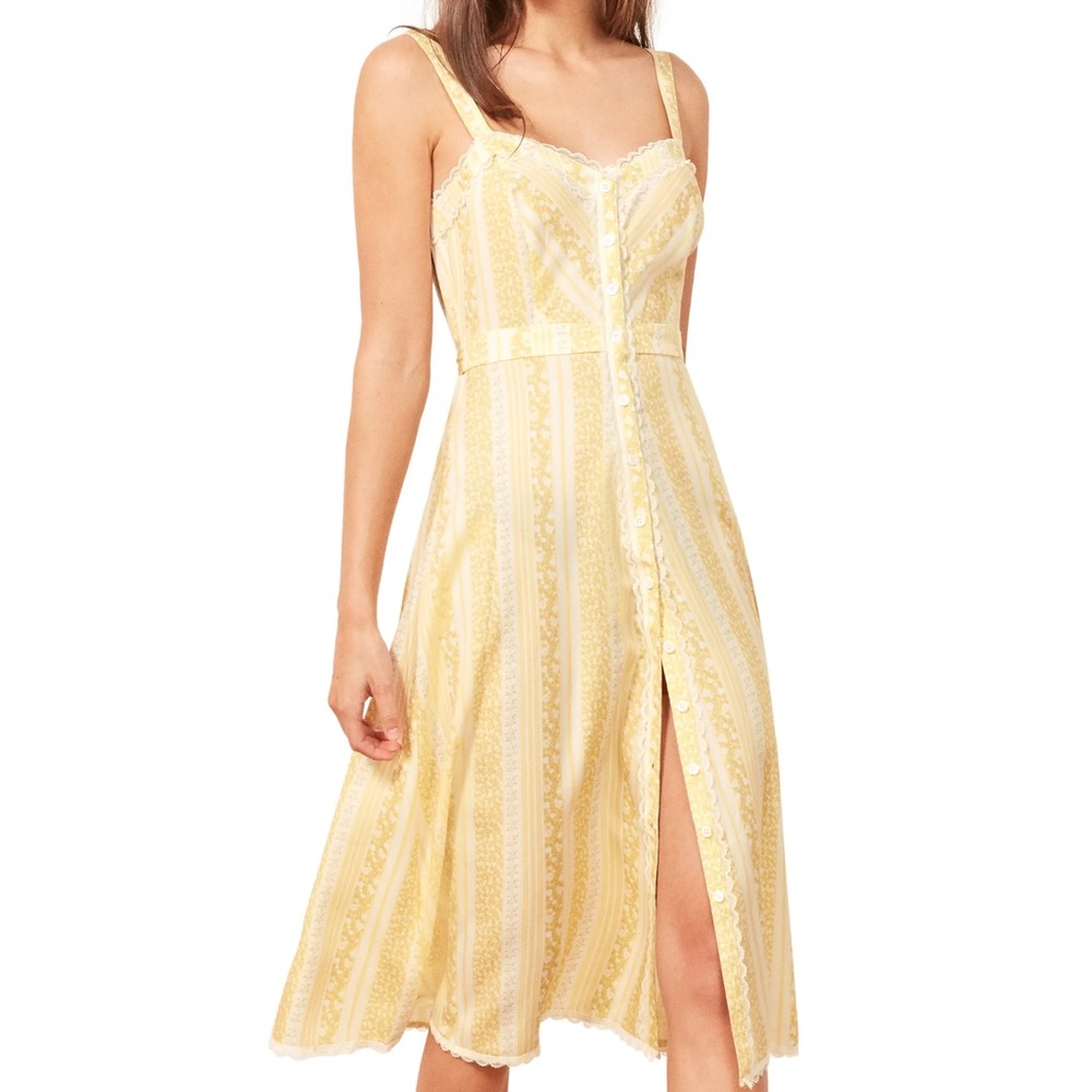 Reformation Sandalwood Yellow and White Striped Midi Dress